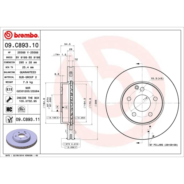 brembo UV Coated Series Vented Front Brake Rotor 09.C893.11