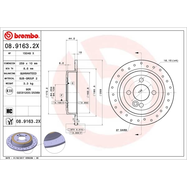 brembo Premium Xtra Cross Drilled UV Coated 1-Piece Rear Brake Rotors 08.9163.2X