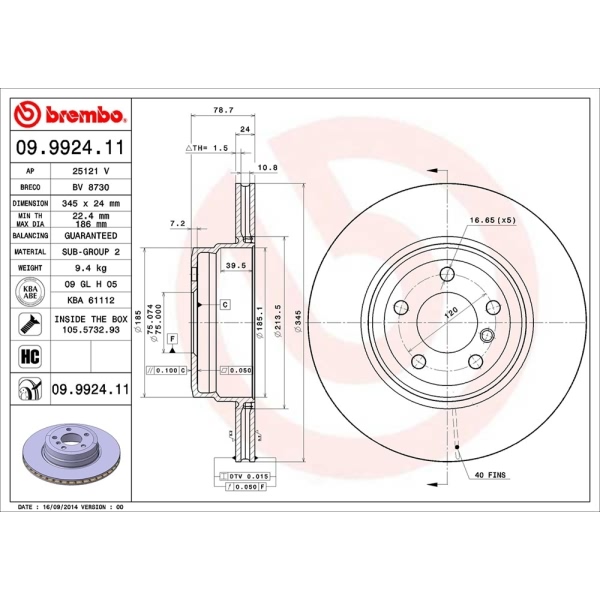 brembo UV Coated Series Vented Rear Brake Rotor 09.9924.11