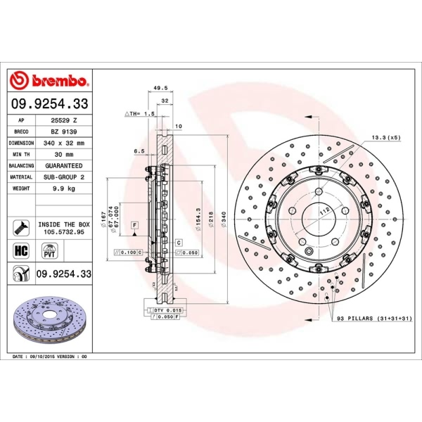 brembo OE Replacement Drilled and Slotted Vented Front Brake Rotor 09.9254.33