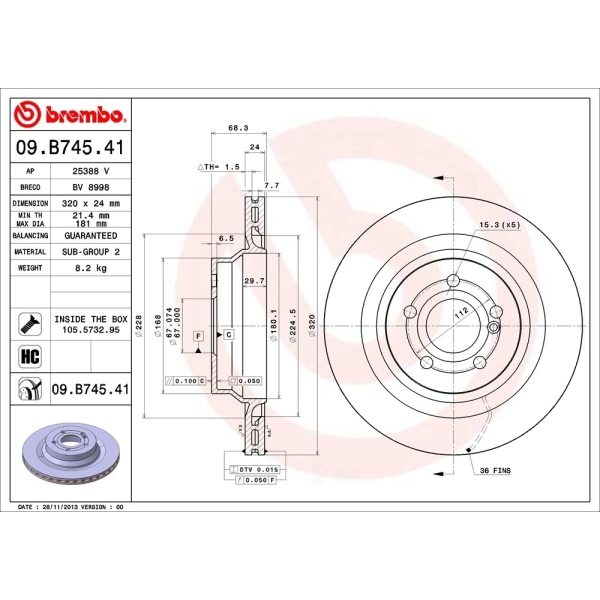 brembo UV Coated Series Vented Rear Brake Rotor 09.B745.41