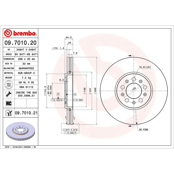 brembo UV Coated Series Vented Front Brake Rotor 09.7010.21