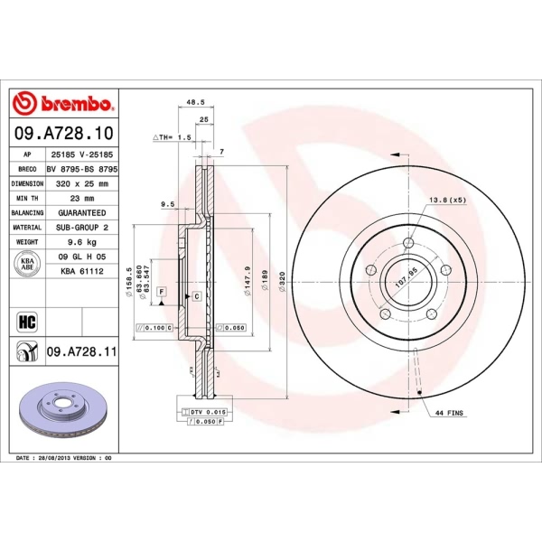 brembo UV Coated Series Vented Front Brake Rotor 09.A728.11
