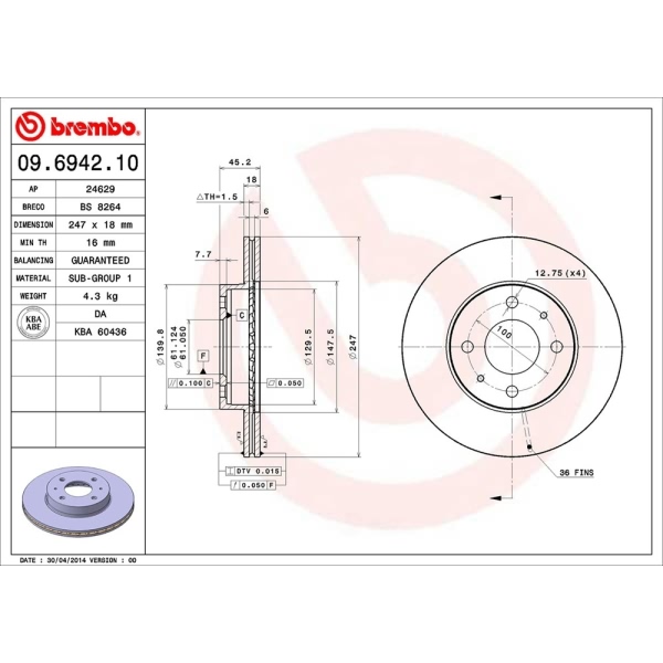 brembo OE Replacement Vented Front Brake Rotor 09.6942.10