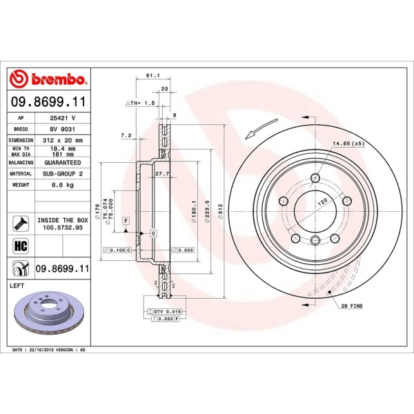 brembo UV Coated Series Vented Rear Driver Side Brake Rotor 09.8699.11