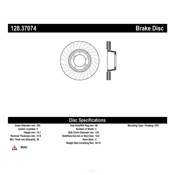 Centric SportStop Drilled 1-Piece Rear Driver Side Brake Rotor 128.37074