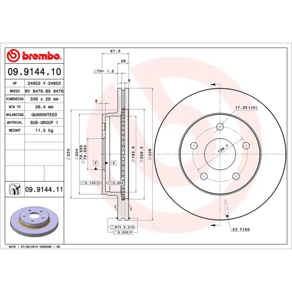 brembo UV Coated Series Vented Front Brake Rotor 09.9144.11