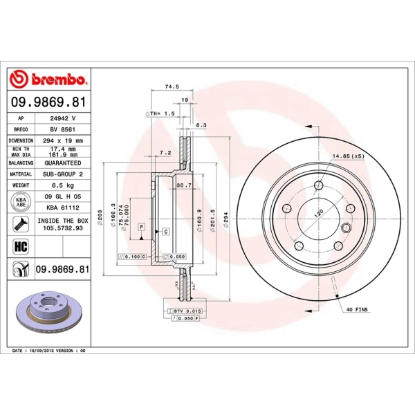 brembo UV Coated Series Vented Rear Brake Rotor 09.9869.81