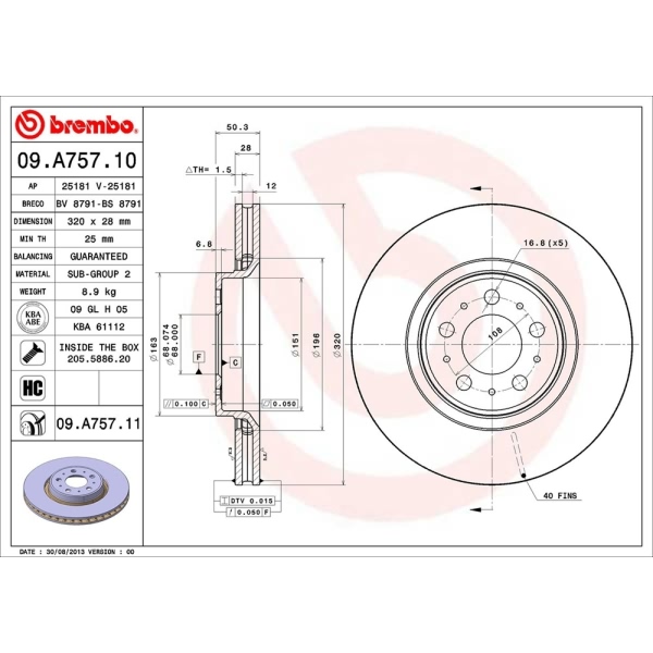 brembo UV Coated Series Vented Front Brake Rotor 09.A757.11