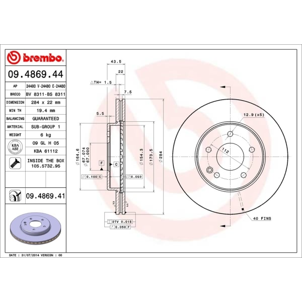 brembo UV Coated Series Vented Front Brake Rotor 09.4869.41