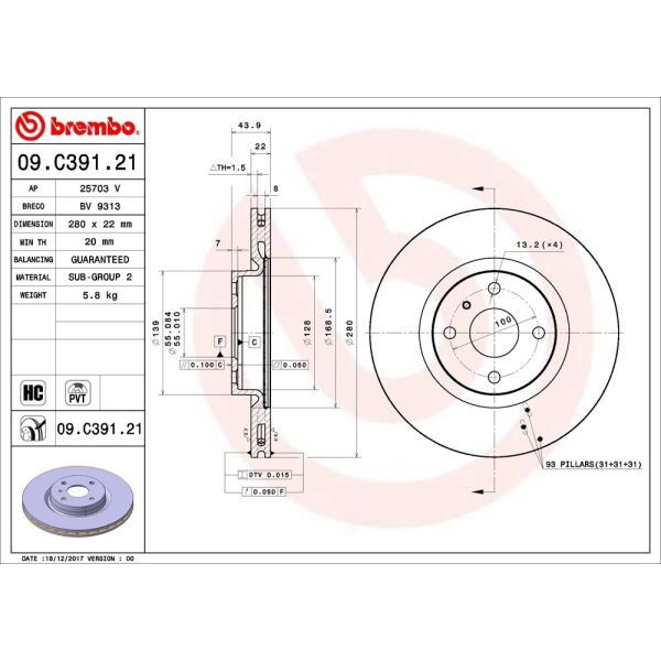 brembo UV Coated Series Vented Front Brake Rotor 09.C391.21