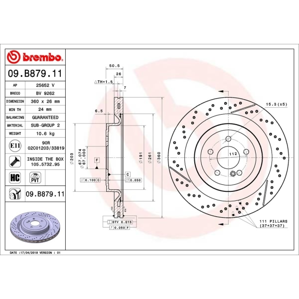 brembo UV Coated Series Drilled and Slotted Rear Brake Rotor 09.B879.11