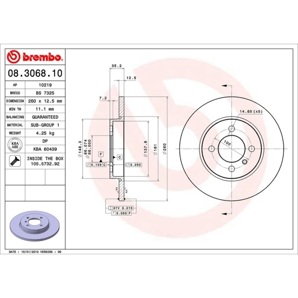 brembo OE Replacement Solid Front Brake Rotor 08.3068.10