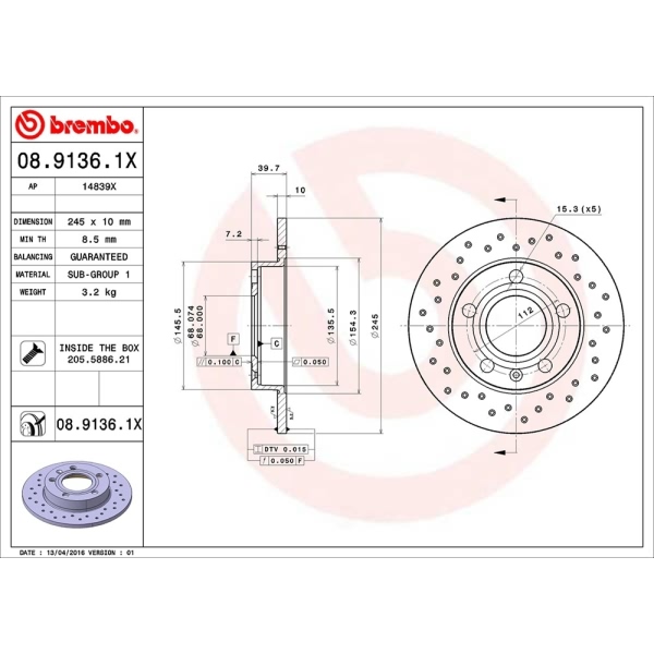 brembo Premium Xtra Cross Drilled UV Coated 1-Piece Rear Brake Rotors 08.9136.1X