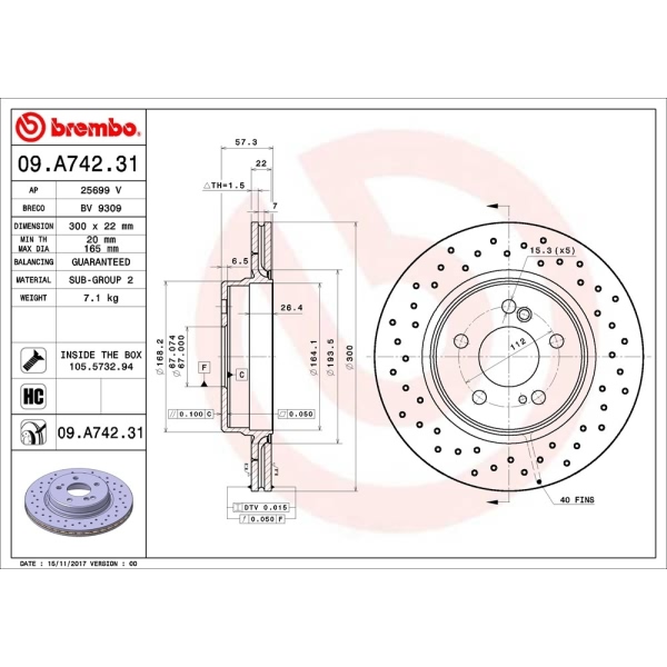 brembo UV Coated Series Drilled Vented Rear Brake Rotor 09.A742.31