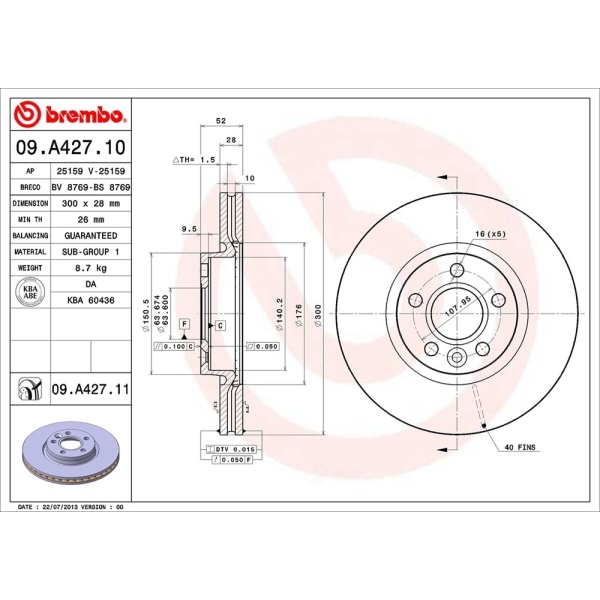 brembo UV Coated Series Vented Front Brake Rotor 09.A427.11