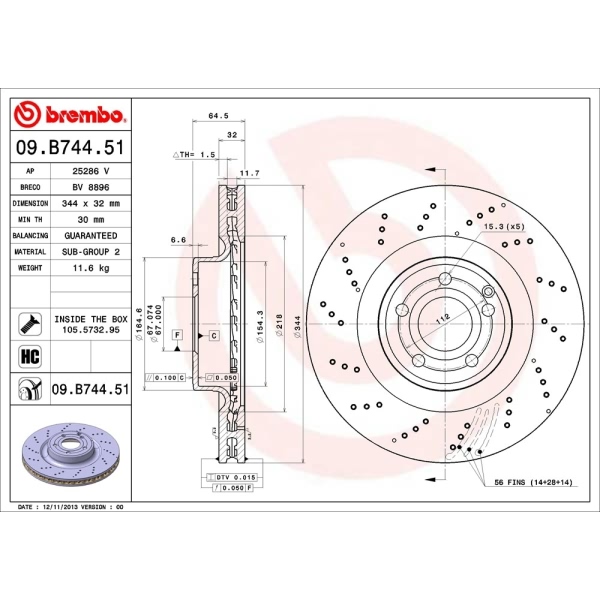 brembo UV Coated Series Drilled Vented Front Brake Rotor 09.B744.51