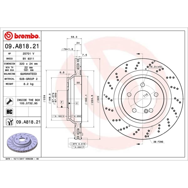 brembo UV Coated Series Drilled Vented Rear Brake Rotor 09.A818.21