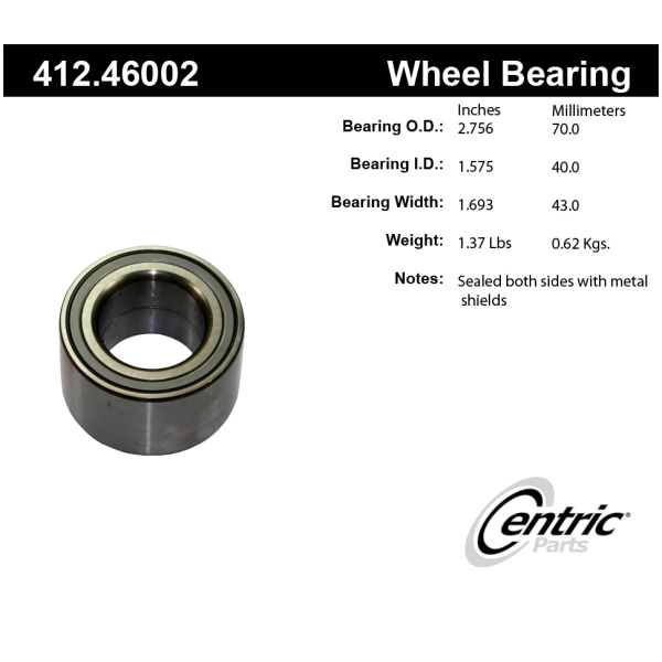 Centric Premium™ Rear Passenger Side Double Row Wheel Bearing 412.46002