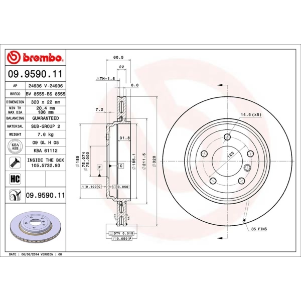 brembo UV Coated Series Vented Rear Brake Rotor 09.9590.11