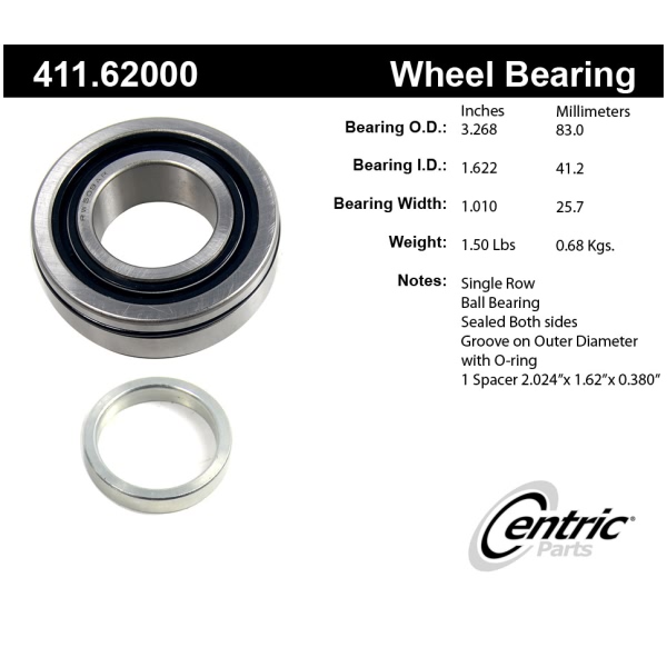 Centric Premium™ Rear Passenger Side Single Row Wheel Bearing 411.62000