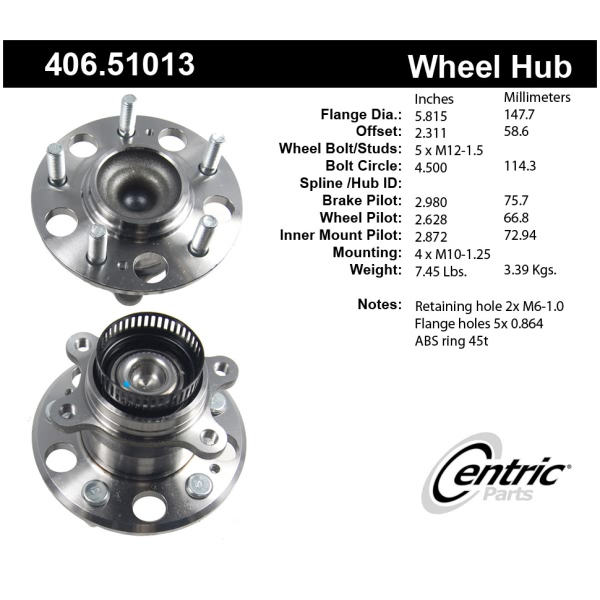 Centric Premium™ Rear Passenger Side Non-Driven Wheel Bearing and Hub Assembly 406.51013