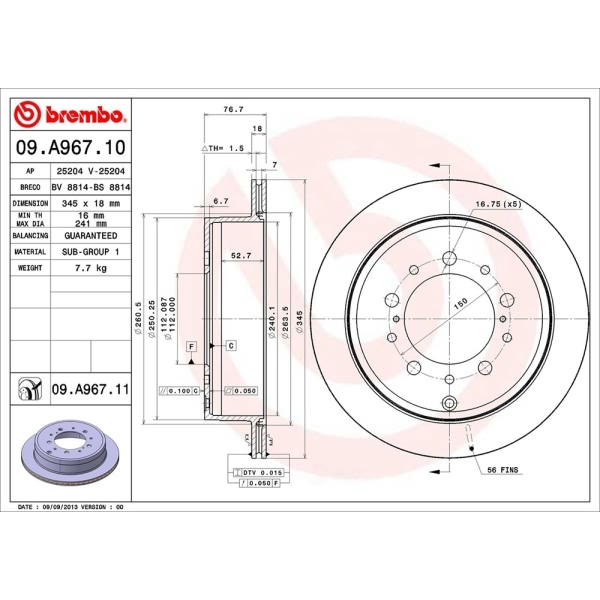 brembo UV Coated Series Vented Rear Brake Rotor 09.A967.11