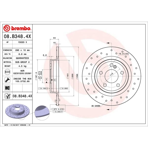 brembo Premium Xtra Cross Drilled UV Coated 1-Piece Rear Brake Rotors 08.B348.4X