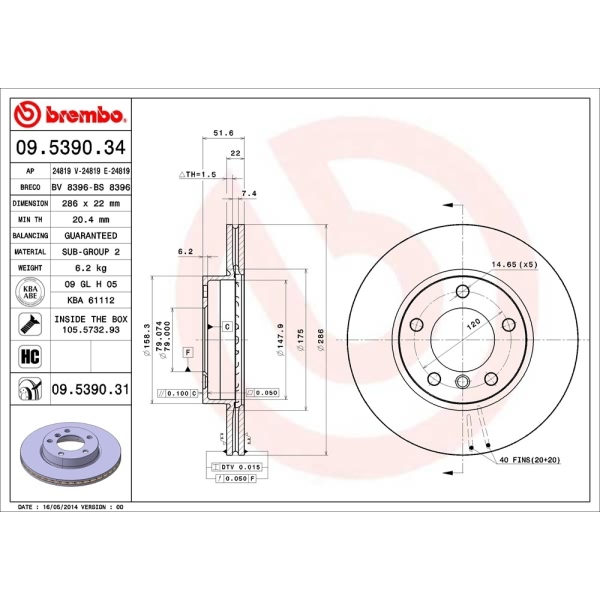 brembo UV Coated Series Vented Front Brake Rotor 09.5390.31