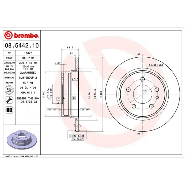 brembo OE Replacement Solid Rear Brake Rotor 08.5442.10