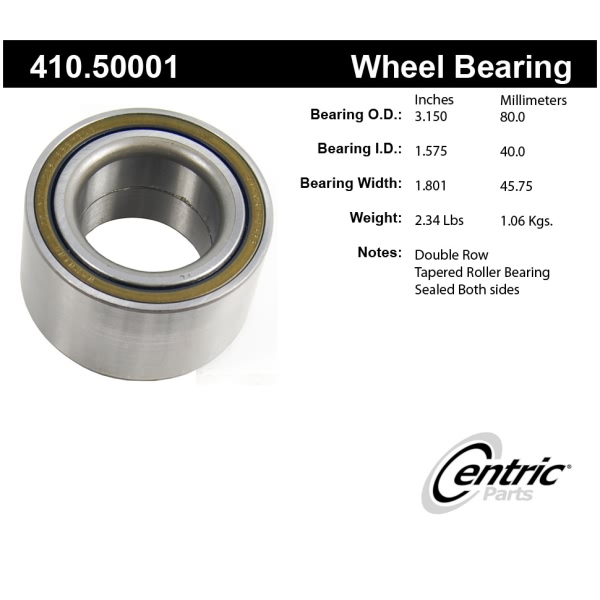 Centric Premium™ Rear Passenger Side Wheel Bearing and Race Set 410.50001