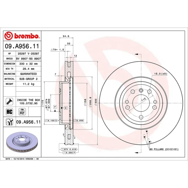 brembo UV Coated Series Vented Front Brake Rotor 09.A956.11
