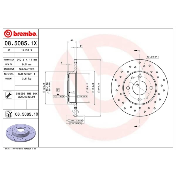 brembo Premium Xtra Cross Drilled UV Coated 1-Piece Rear Brake Rotors 08.5085.1X