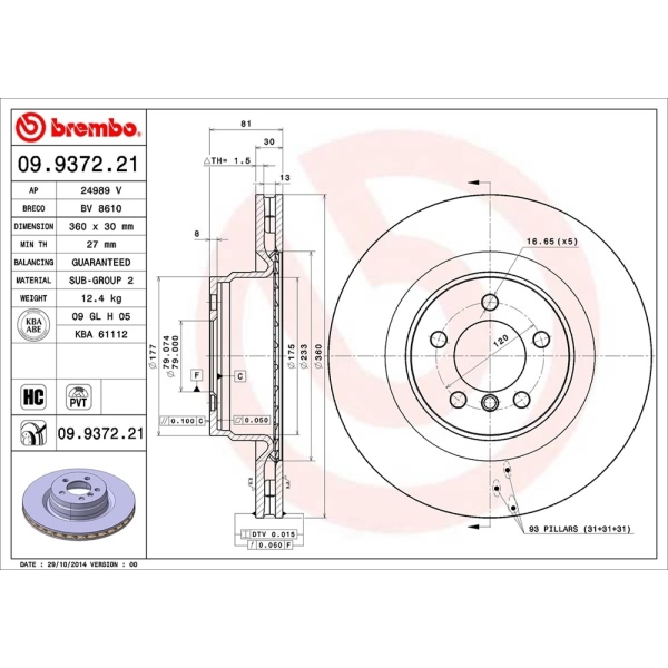 brembo UV Coated Series Vented Front Brake Rotor 09.9372.21