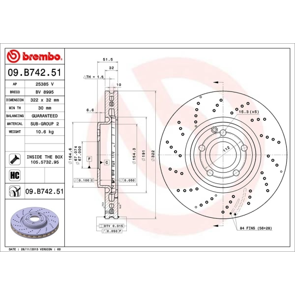 brembo UV Coated Series Drilled Vented Front Brake Rotor 09.B742.51