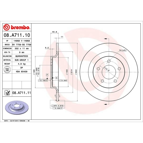 brembo UV Coated Series Rear Brake Rotor 08.A711.11