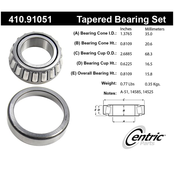 Centric Premium™ Rear Driver Side Inner Wheel Bearing and Race Set 410.91051