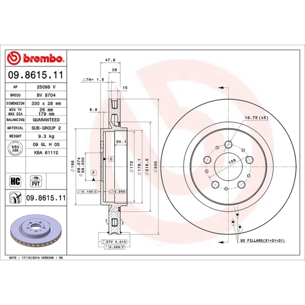 brembo UV Coated Series Vented Rear Brake Rotor 09.8615.11