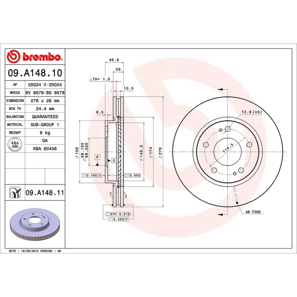brembo UV Coated Series Vented Front Brake Rotor 09.A148.11