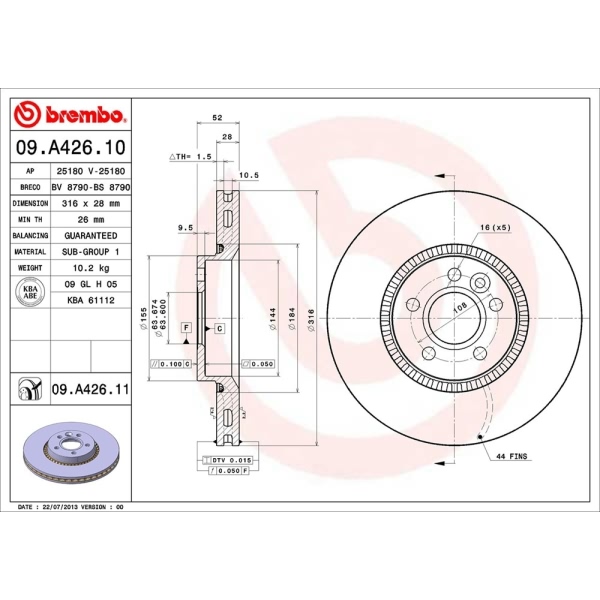 brembo UV Coated Series Vented Front Brake Rotor 09.A426.11