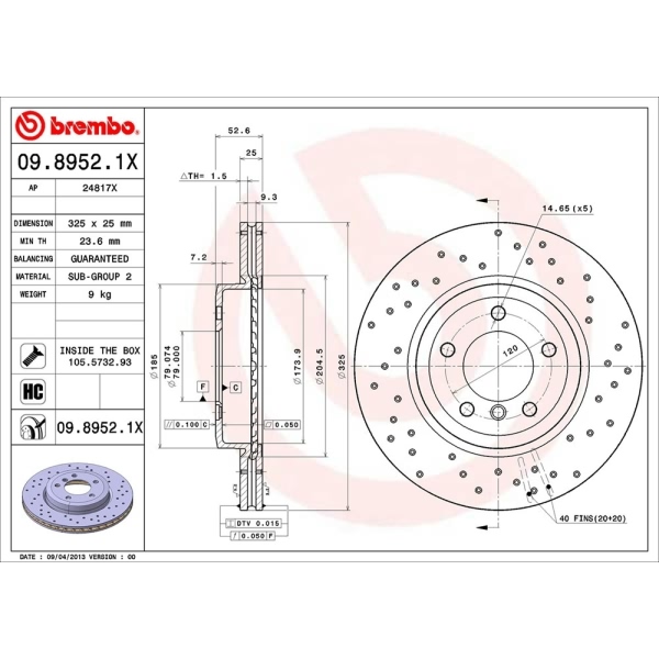 brembo Premium Xtra Cross Drilled UV Coated 1-Piece Front Brake Rotors 09.8952.1X