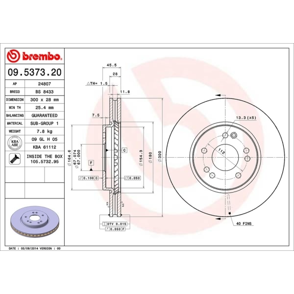 brembo OE Replacement Vented Front Brake Rotor 09.5373.20