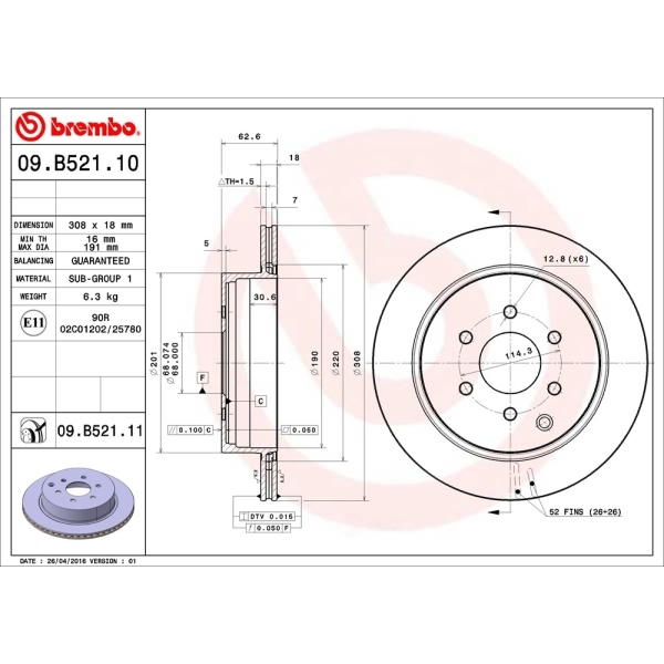 brembo UV Coated Series Vented Rear Brake Rotor 09.B521.11