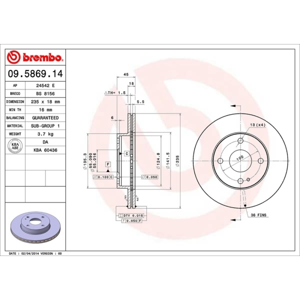 brembo OE Replacement Vented Front Brake Rotor 09.5869.14