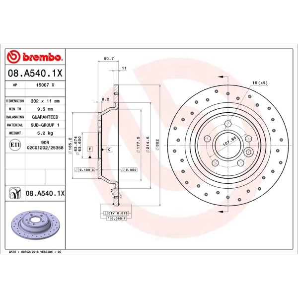 brembo Premium Xtra Cross Drilled UV Coated 1-Piece Rear Brake Rotors 08.A540.1X