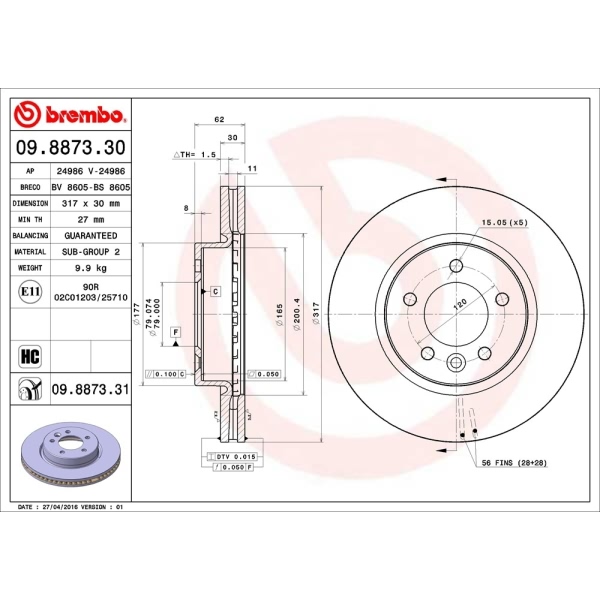 brembo UV Coated Series Vented Front Brake Rotor 09.8873.31