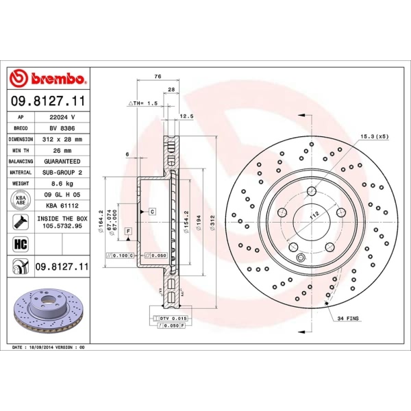 brembo UV Coated Series Drilled Vented Front Brake Rotor 09.8127.11
