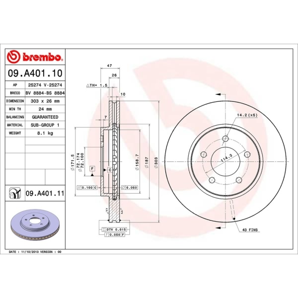 brembo UV Coated Series Vented Front Brake Rotor 09.A401.11