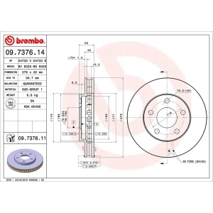 brembo UV Coated Series Vented Front Brake Rotor for 1999 Oldsmobile Intrigue - 09.7376.11