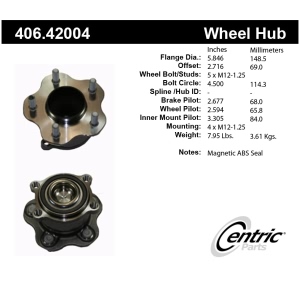 Centric Premium™ Rear Passenger Side Non-Driven Wheel Bearing and Hub Assembly for 2018 Infiniti QX60 - 406.42004